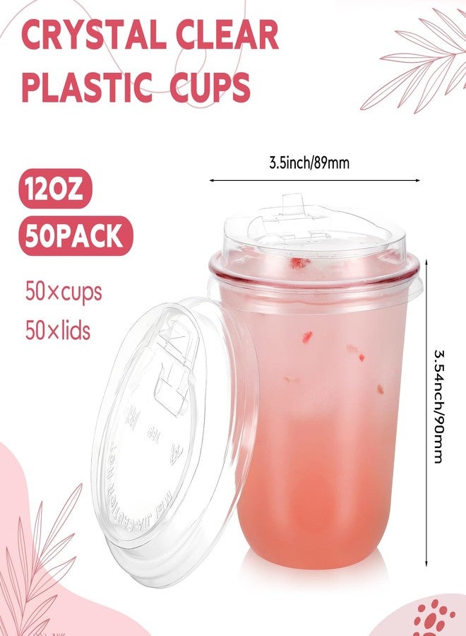 LemonRoad 50 Pack 12 Oz Pink Clear Plastic Cups with Sip Lids Round Bottom Disposable Iced Coffee Cups with Strawless Lids for Iced Coffee Juices Smoothie Cold Beverage Party Catering Supplies - Image 3